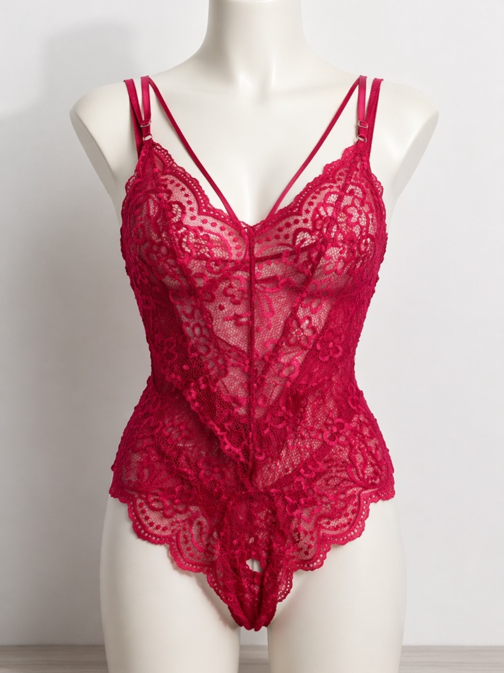 Women's Sexy Lace Teddy Bodysuit Red Rose - Elegant Sheer open Croch